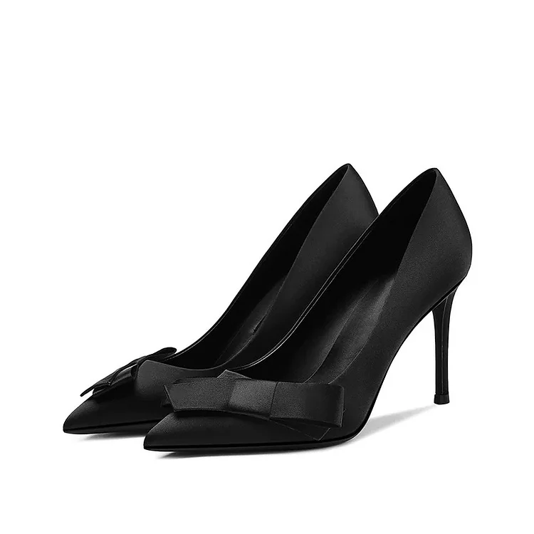 Black Satin Bow Heels Pointed Toe Dress Pumps Shoes for Women |FSJ Shoes