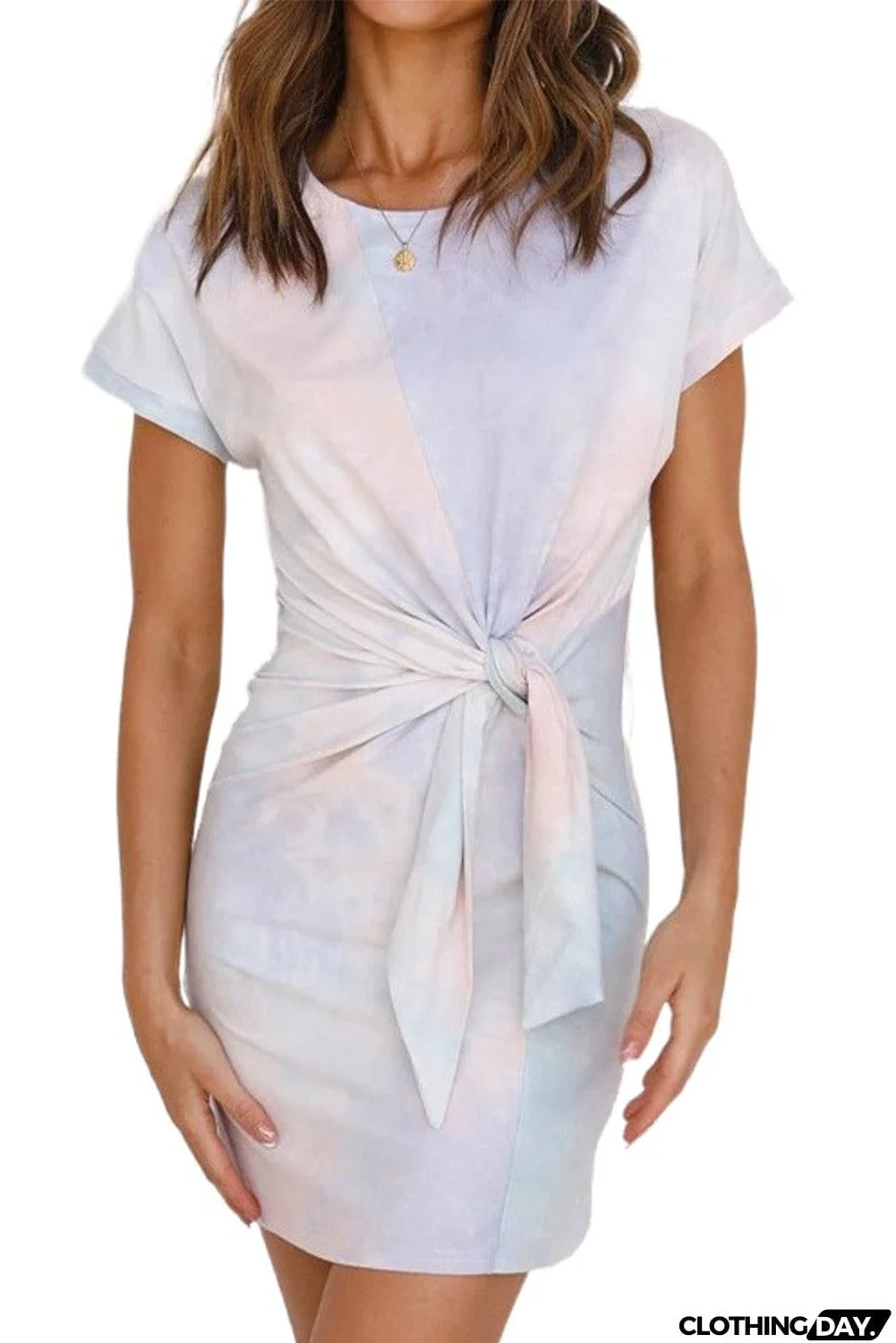 Round Neck Tie-dye Tie Waist Mini Dress