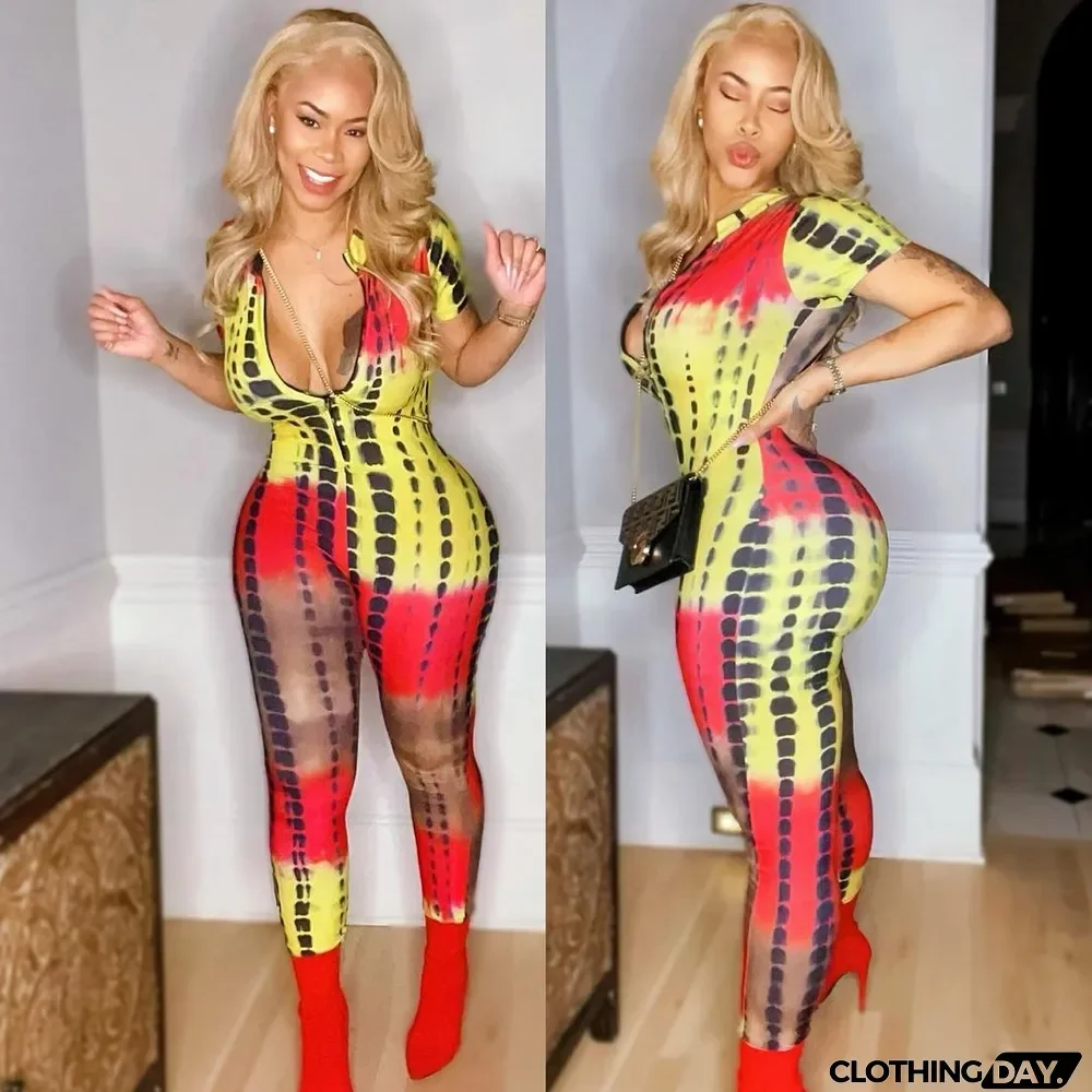 Zipper Short Sleeve Tie-dye Fashion Casual Jumpsuit