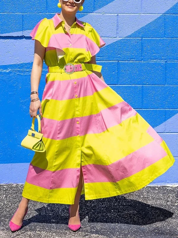Pockets Pleated Contrast Color Buttoned Belted Short Sleeves Loose Lapel Shirt Dress Maxi Dresses