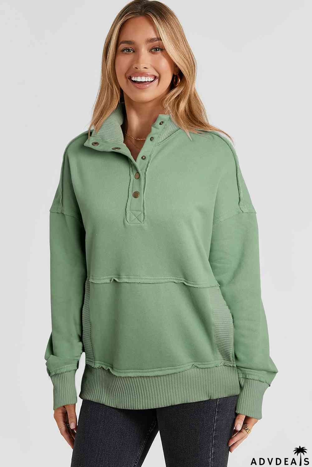Half Snap Drop Shoulder Long Sleeve Sweatshirt