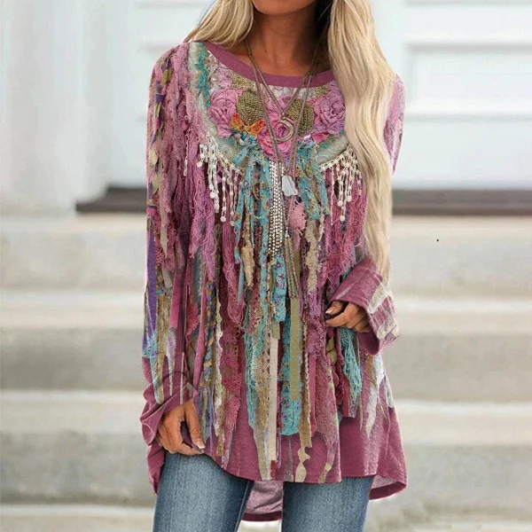Wearshes Western Fringed Print Round Neck Casual Tunic