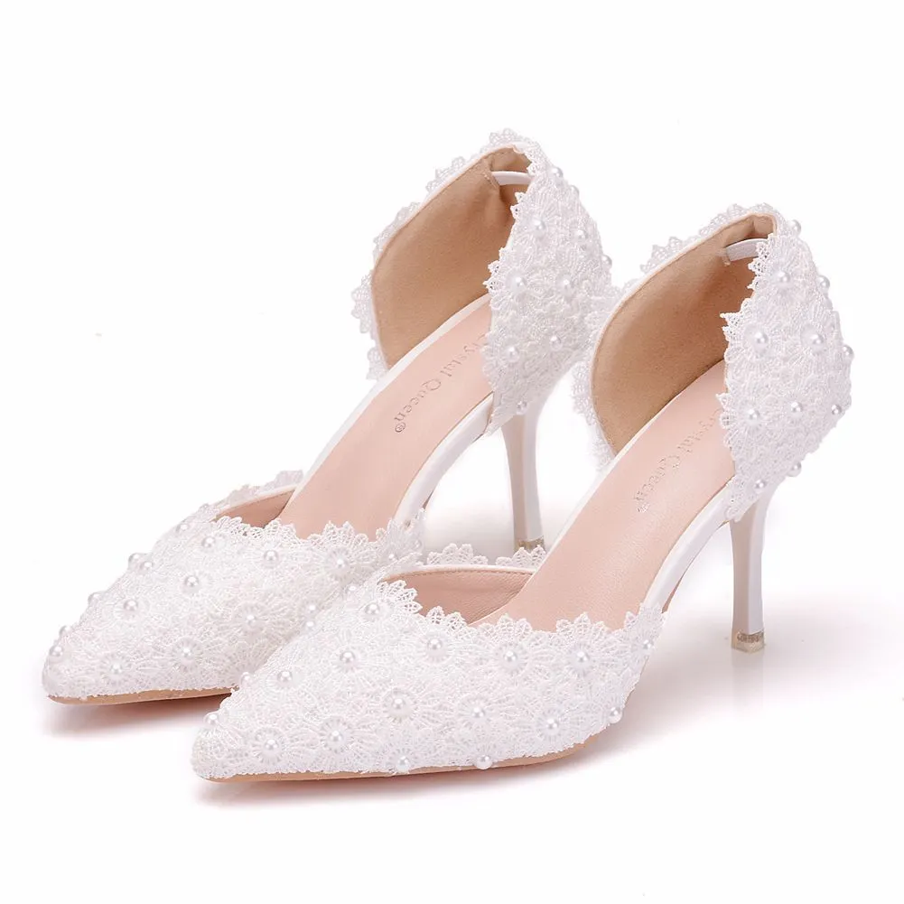 Breakj Breakj Cm White Lace Wedding Shoes Fine Heel Pointed Sandals Hollow Two-Siped Sandals Large Size Lace