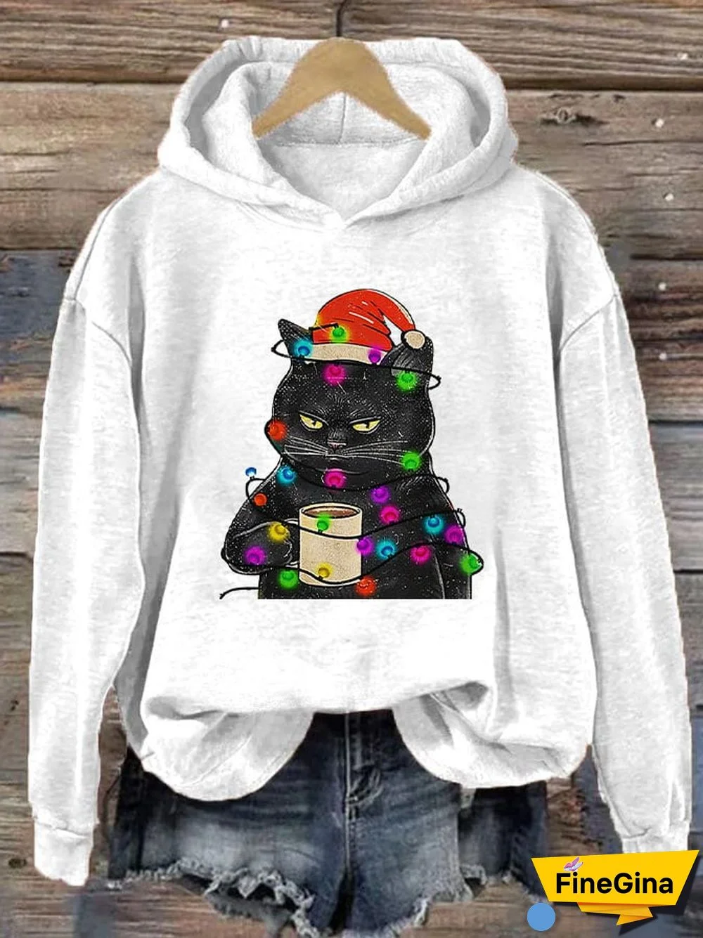 Women's Christmas Lights Black Cat Fun Print Casual Hoodie