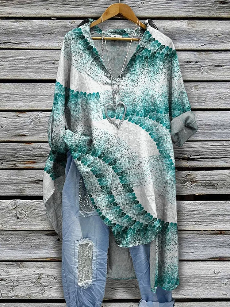Women's Teal Tie-dye Stripes Print Casual Cotton And Linen Shirtdress