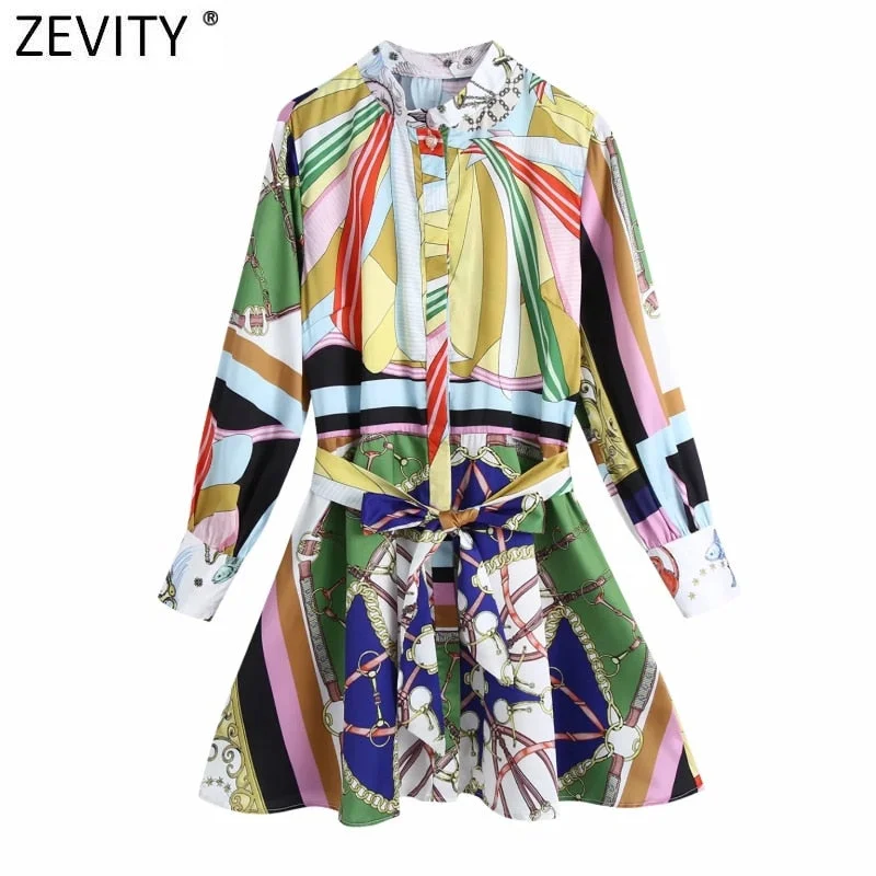 Zevity 2021 Women Vintage Color Match Chain Print Sashes Satin Dress Female Chic Breasted Casual A Line Kimono Vestidos DS8114