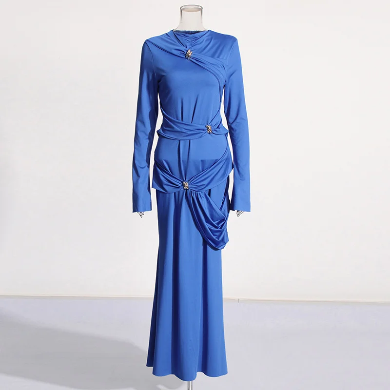 Zingj Vietnam's Niche Design Dress 2025 New Round Neck Fashion Kinestic Folding Splicing Body Repair Knitted Dress Woman