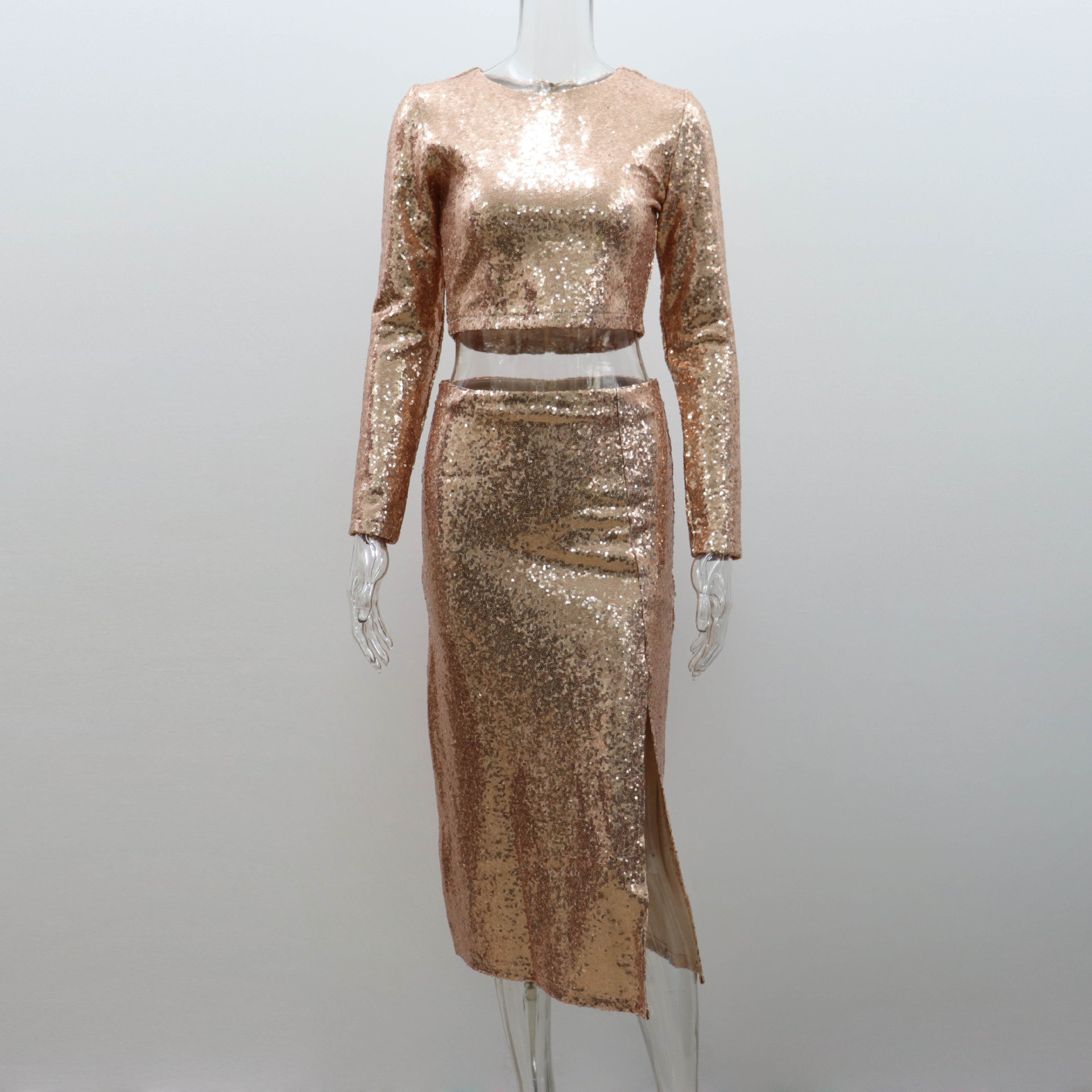 Ootddress Night Club 2 Piece-Set Maxi Skirt Female Sequin Cropped Top And High Waist Split Long Skirt Sets Glitter Fashion Outfits