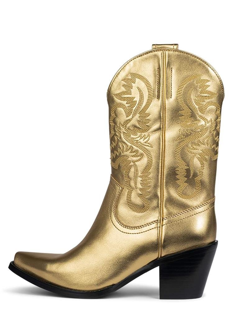Metallic Bright Embroidered Slip-On Mid-Calf Pointed-Toe Chunky Heel Western Boots