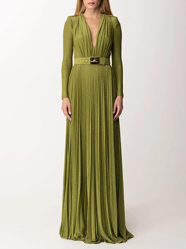 Long Sleeves Wrap Belted Pleated Pure Color Split-Side V-Neck Maxi Dresses