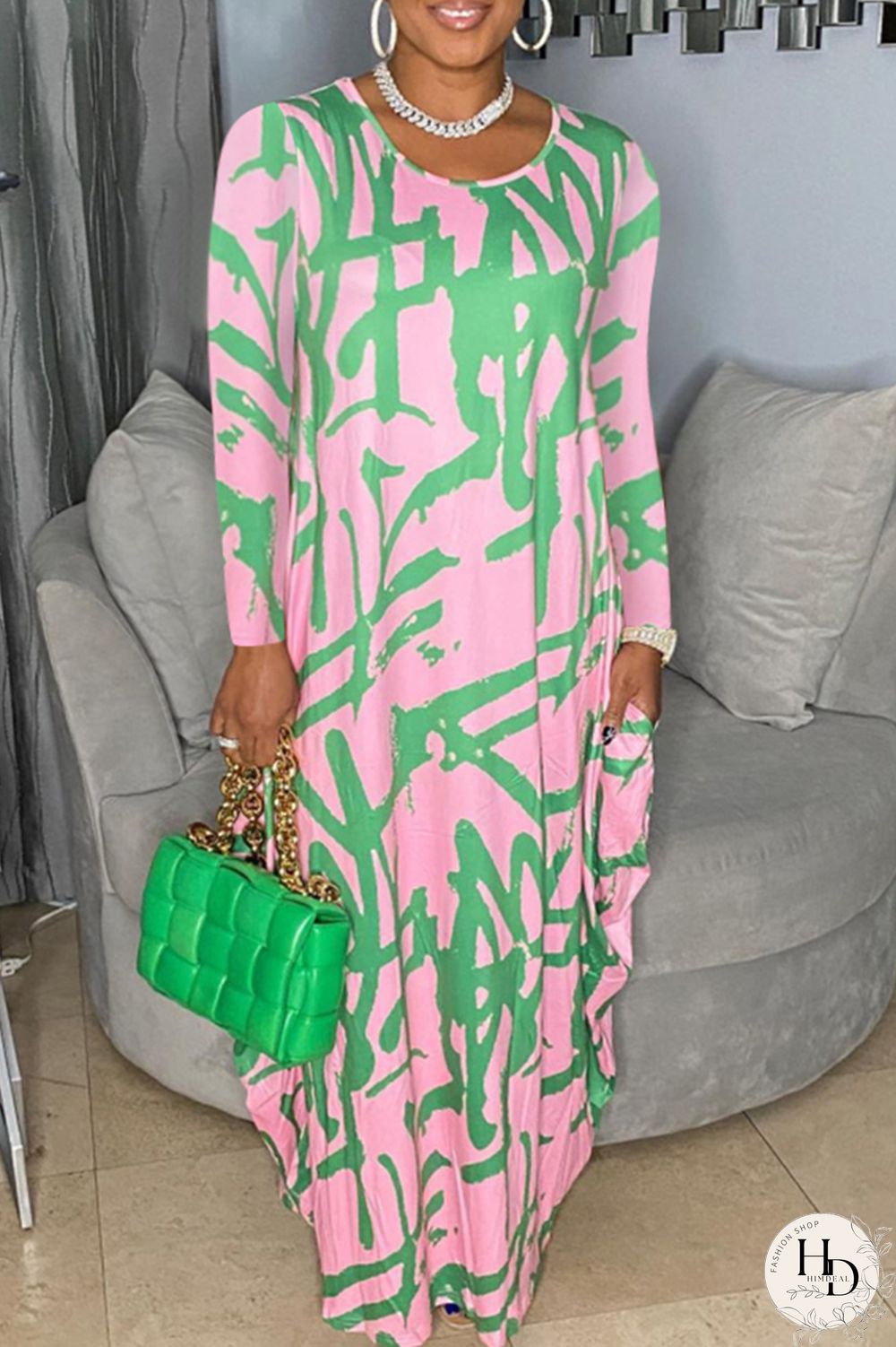 Orange Red Casual Print Patchwork O Neck Long Sleeve Dresses