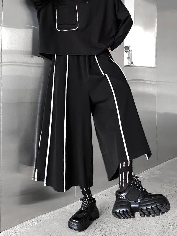 Vintage Loose Wide Leg Contrast Color Striped Elasticity Split-Joint Casual Pants Bottoms