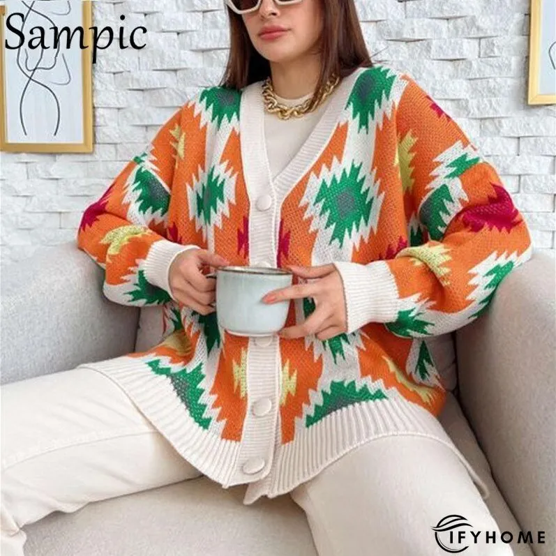 Christmas Gift Sampic Loose Patchwork Knitwear Winter Women Cardigans Tops Oversized Long | IFYHOME