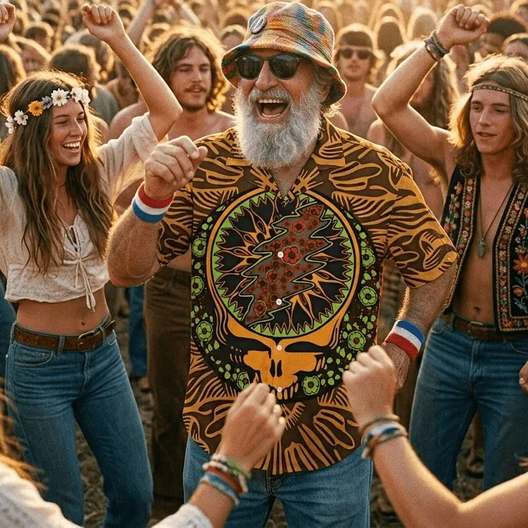 Vintage Grateful Dead Skull & Bear &Terrapin Graphic Cuban Collar Short Sleeve Shirt &ndash; Unisex Retro Cotton Top