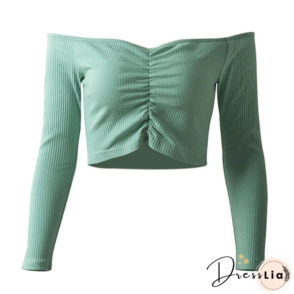 Summer Shirt T-shirt Casual Lady Long Sleeve Wrapped Chest Word Shoulder Fashion Tops