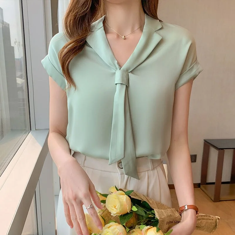 Jangj Summer New Korean Style Trendy Streamer V-neck Shirt Tie Collar Short Sleeve Solid Color Blouse Office Lady Shirt for Women