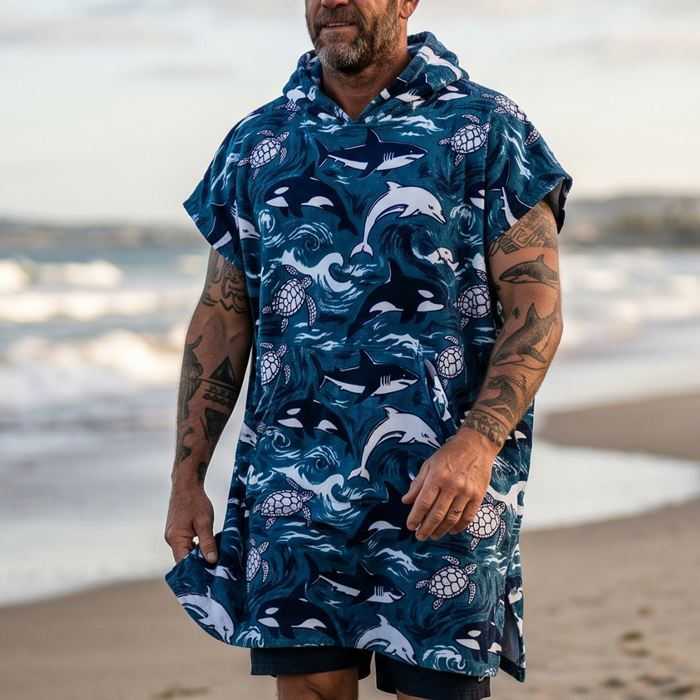 thesupersurf Marine Fish Hooded Towel Poncho - Soft Terry Cloth Beach Wrap With Wave Design And Front Pouch 
