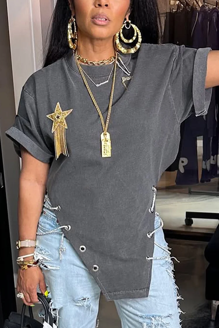 Plus Size Daily Grey Casual Round Neck Short Sleeve Irregular Hem T-Shirts [Pre-Order] 2024 - Xpluswear
