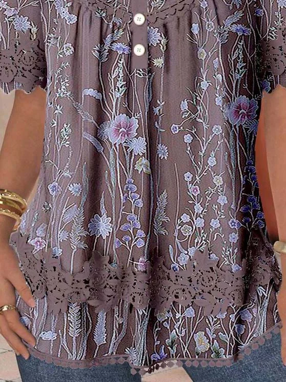Women's Short Sleeve Scoop Neck Floral Printed Lace Stitching Top