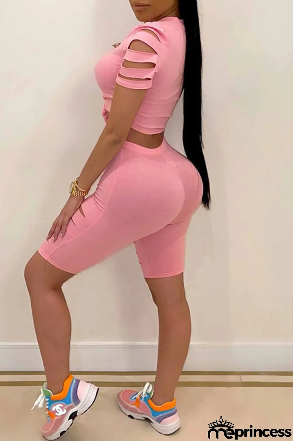 Black Casual Print Ripped Letter O Neck Short Sleeve Two Pieces