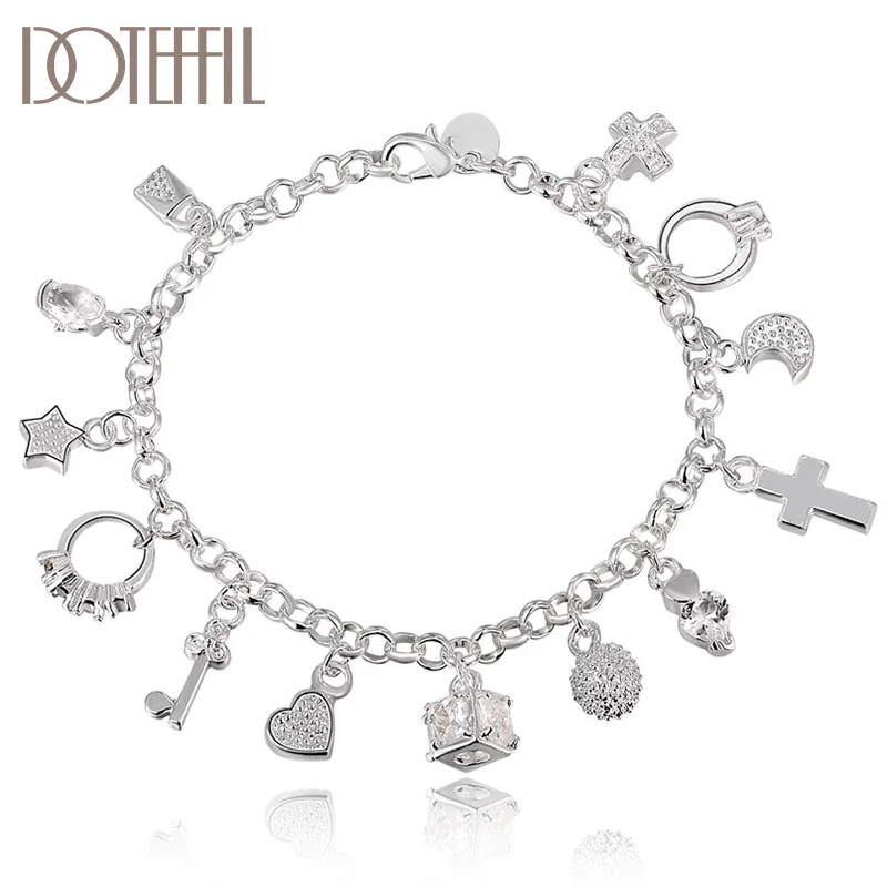 DOTEFFIL 925 Sterling Silver AAA Zircon Key Lock Stars Bracelet For Women Jewelry