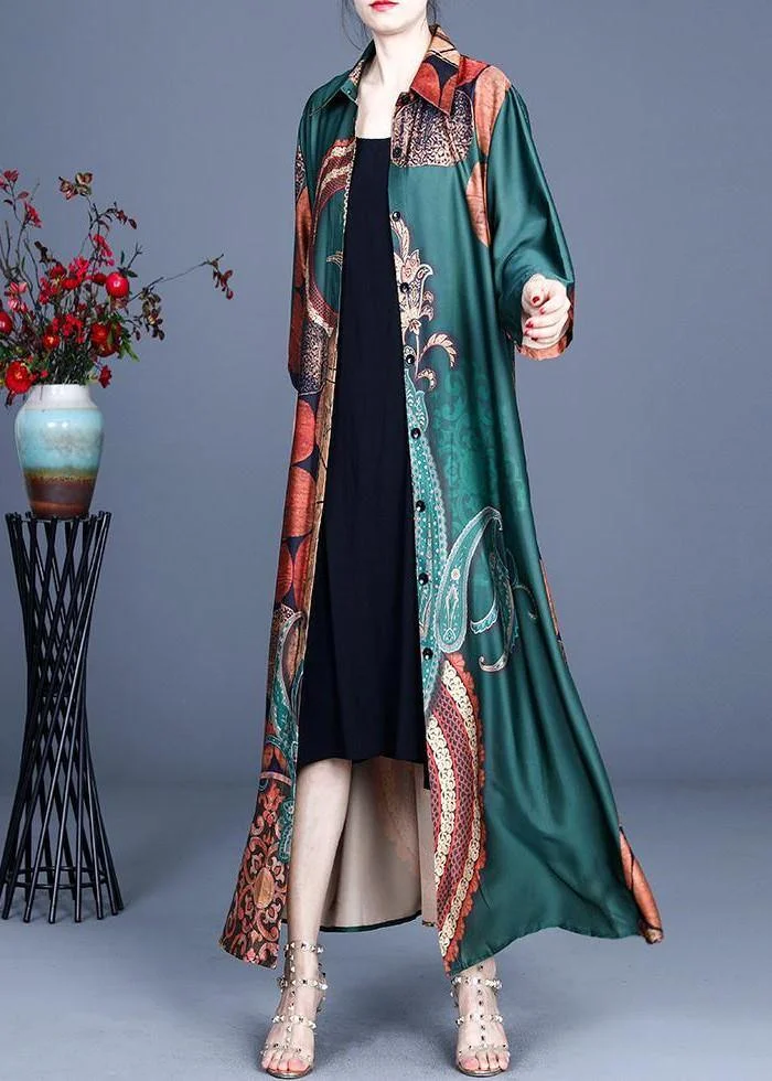 Style Green Print Summer Silk Half Sleeve Cardigans Long