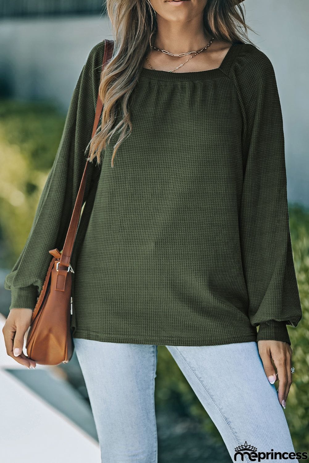 Scoop Neck Puff Sleeve Waffle Knit Top