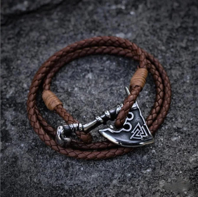 Coutureaura Vikings Valknut Axe Leather Bracelet