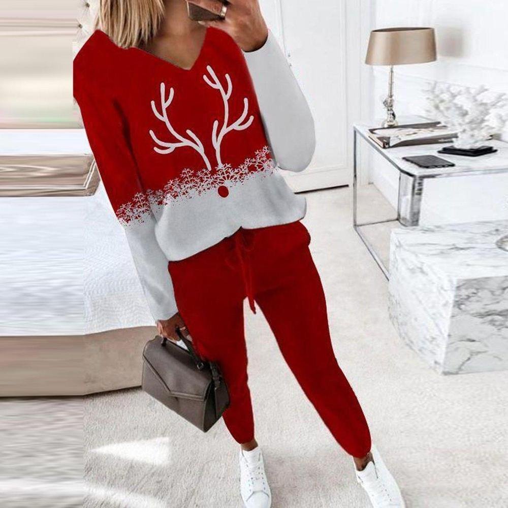 Showy Red Print V-Neck Two Piece Set