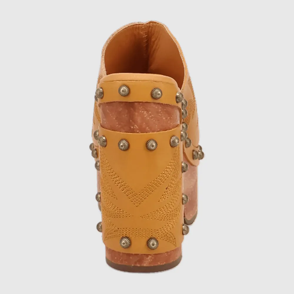 Yellow Faux Leather Peep Toe Embroidered Studded Platform Mules