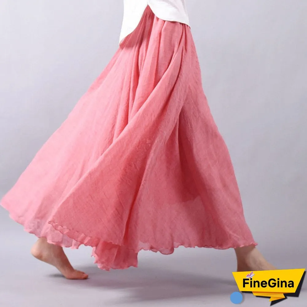 Women Linen Cotton Long Skirts Elastic Waist Pleated Maxi Skirts Beach Boho Vintage Summer Skirts Faldas Saia