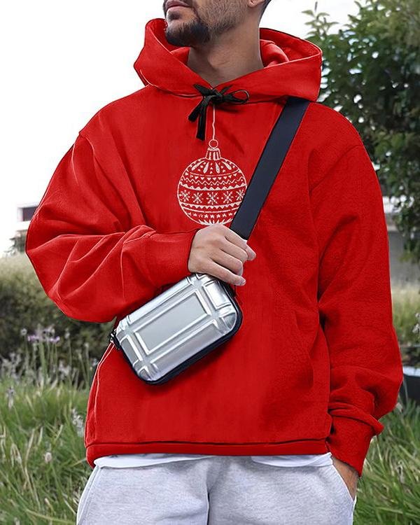 Men's Christmas Casual Print Red Hoodie-VESSFUL