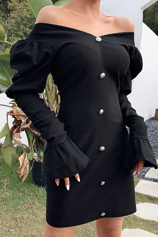 Black V-Neck Buttoned Mini Dress - BlackFridayBuys