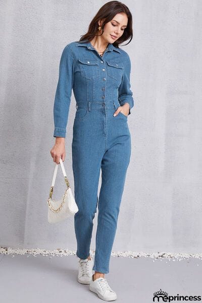 Snap Down Denim Jumpsuit with Pockets
