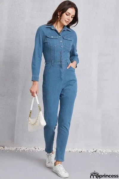 Snap Down Denim Jumpsuit with Pockets