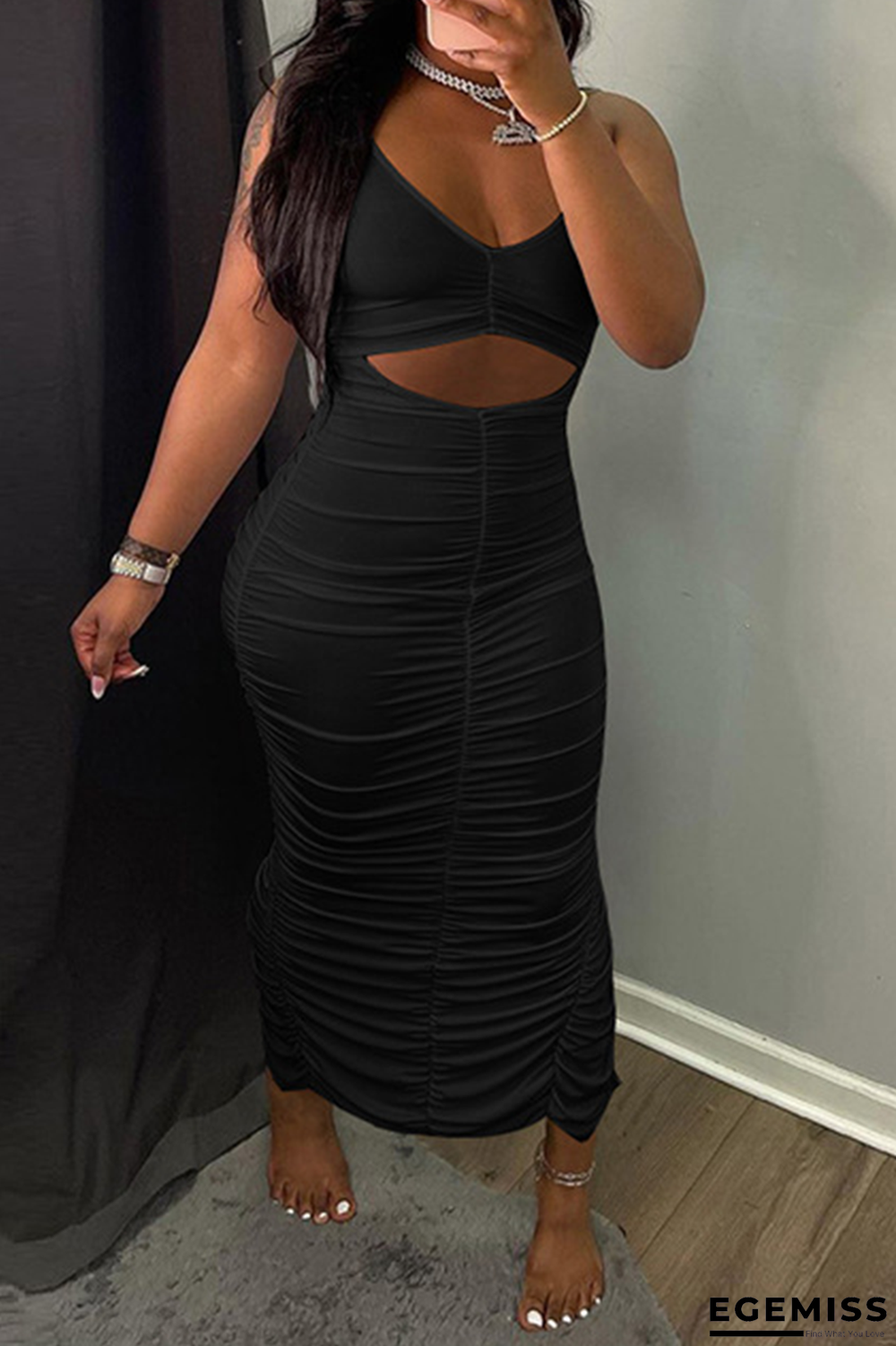 Black Sexy Solid Hollowed Out V Neck Pencil Skirt Dresses | EGEMISS