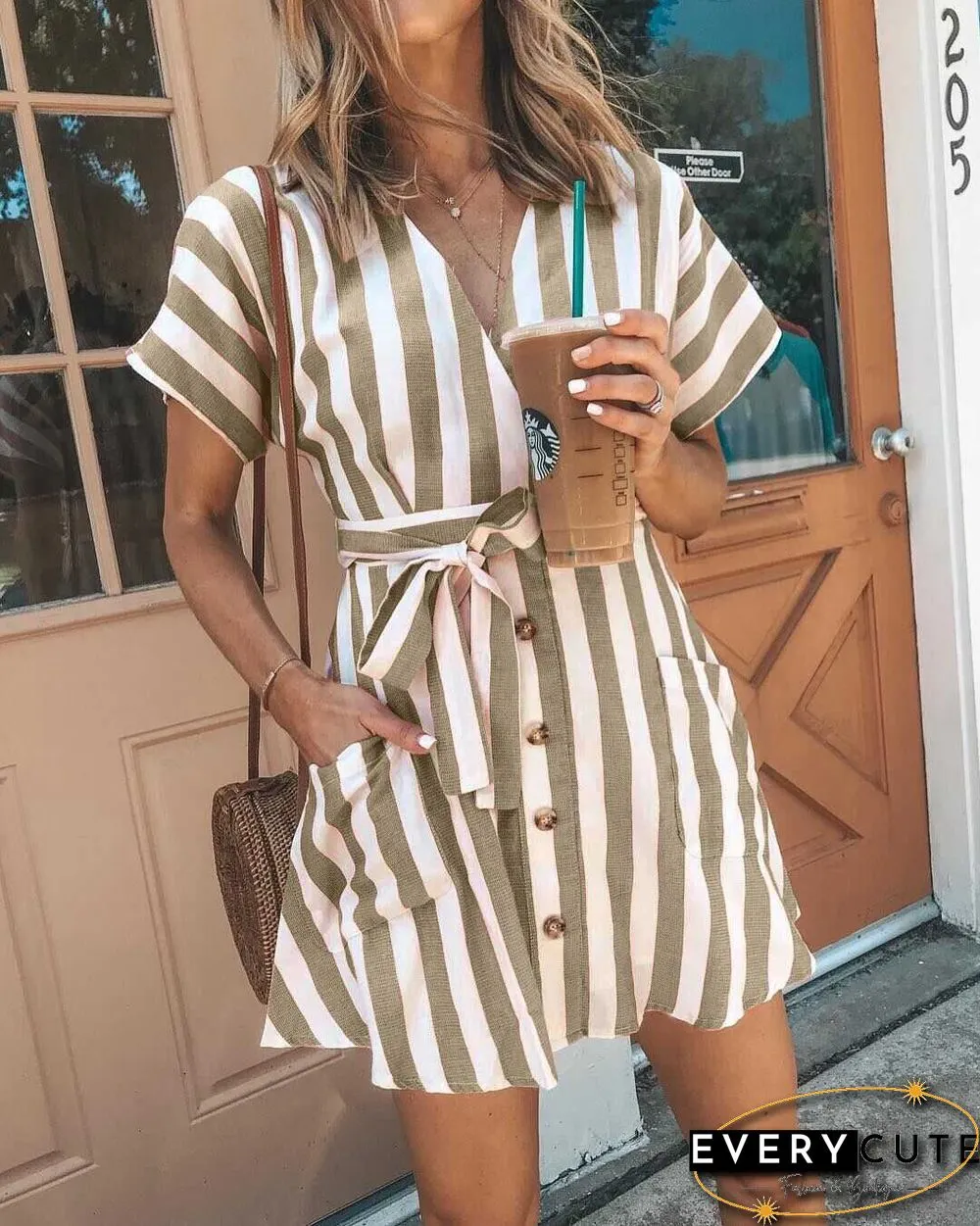 Classic Casual Deep V Neck Tie Waist Vertical Striped Bodycon dress
