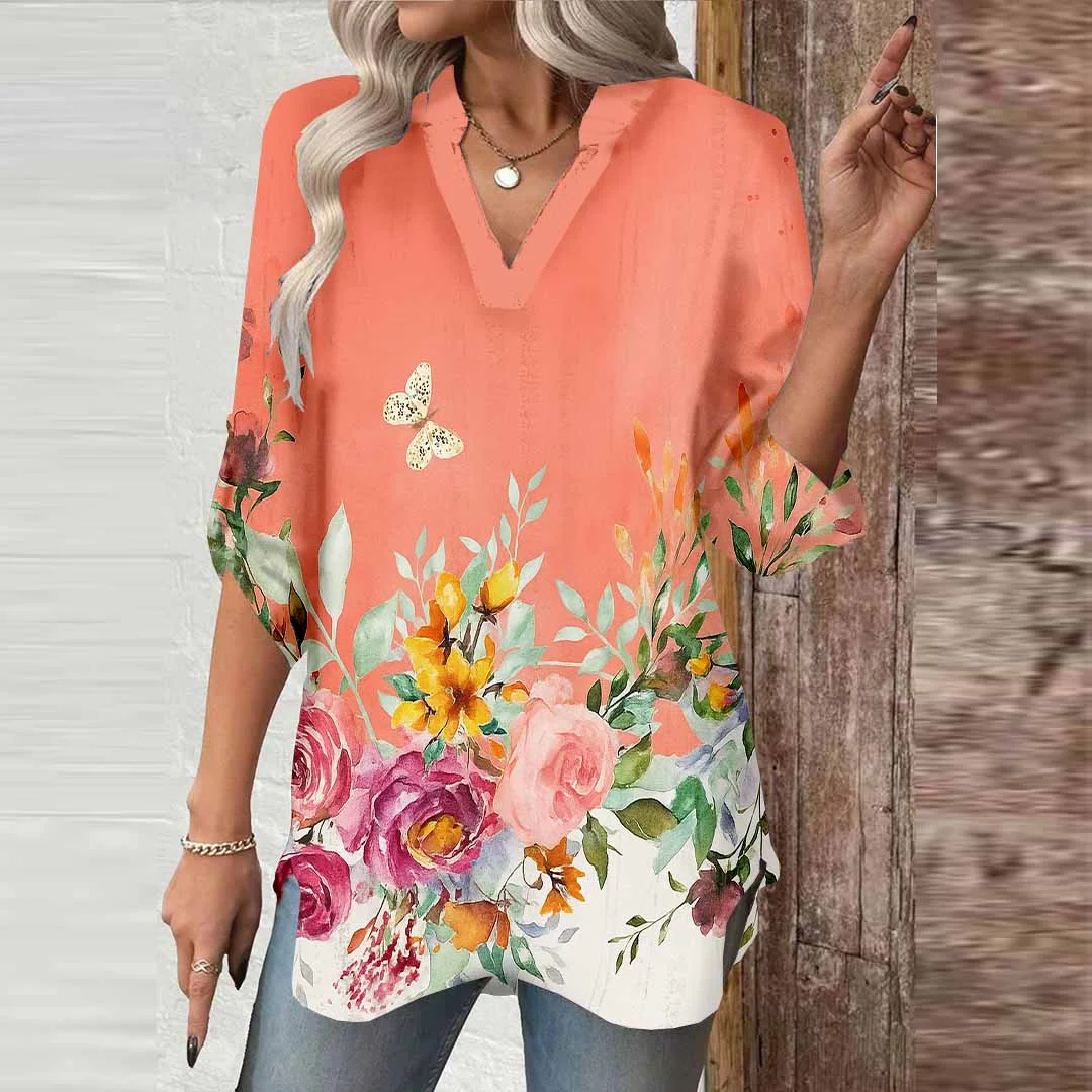 Women Floral, Orange, Red DZGA0767 3/4 Sleeve V-neck Printed Graphic Button Tops