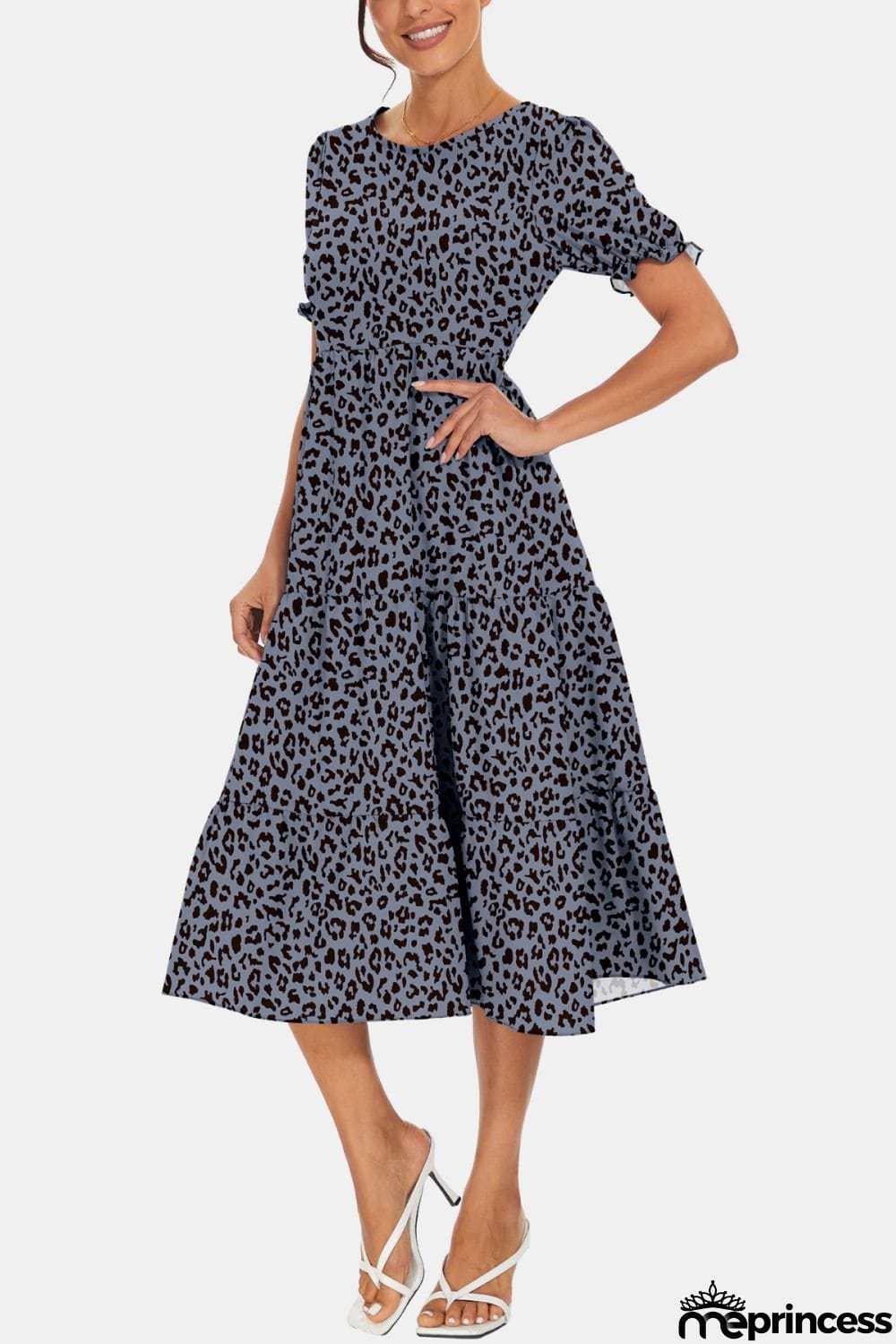 Round Neck Flounce Sleeve Midi Dress