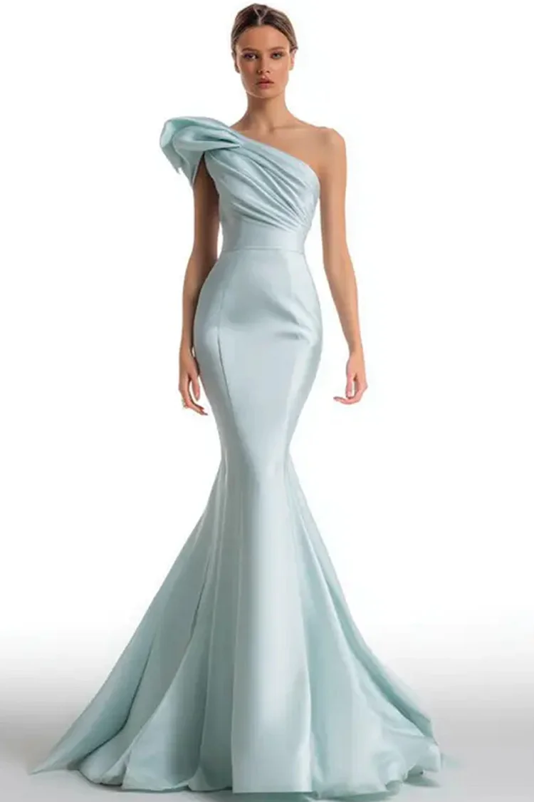One Shoulder Mermaid Maxi Dress-Light Blue [Custom-Made]