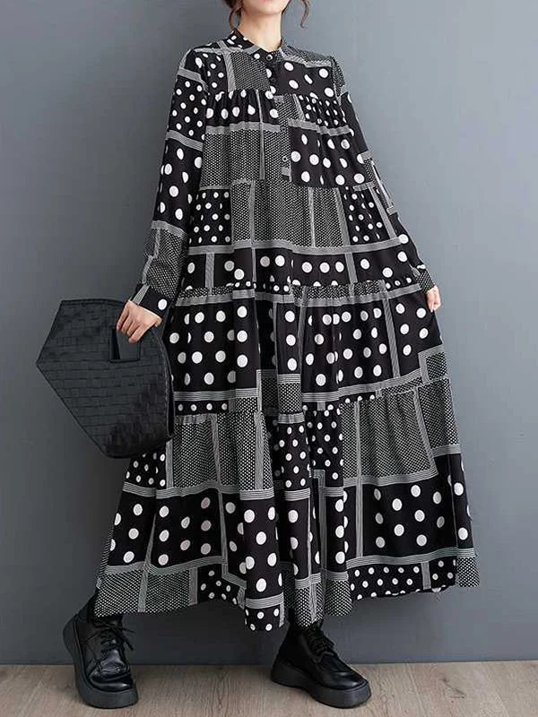 Retro Loose Black Polka-Dot Printed Split-Joint Long Sleeves Midi Dresses