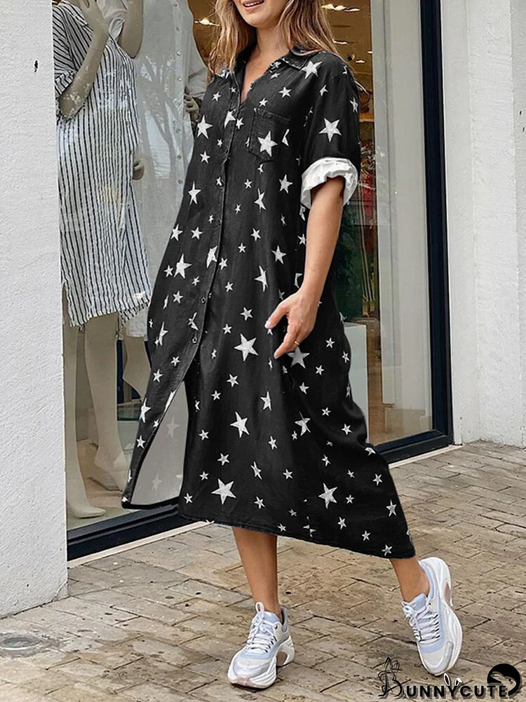 Vcation Stars Print Long Sleeve Asymmetrical Shirt Dress