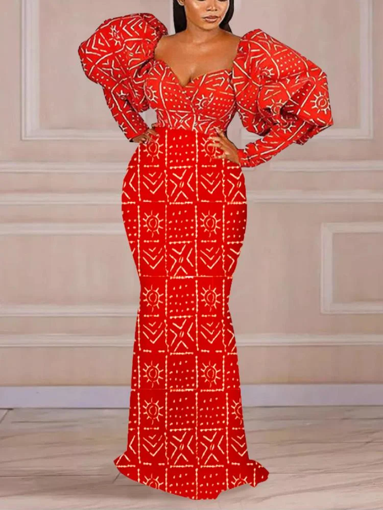 Neosepa-Gorgeous Sweetheart Neck Exaggerated Sleeve Pattern Printed Slim Red Fishtail Dress