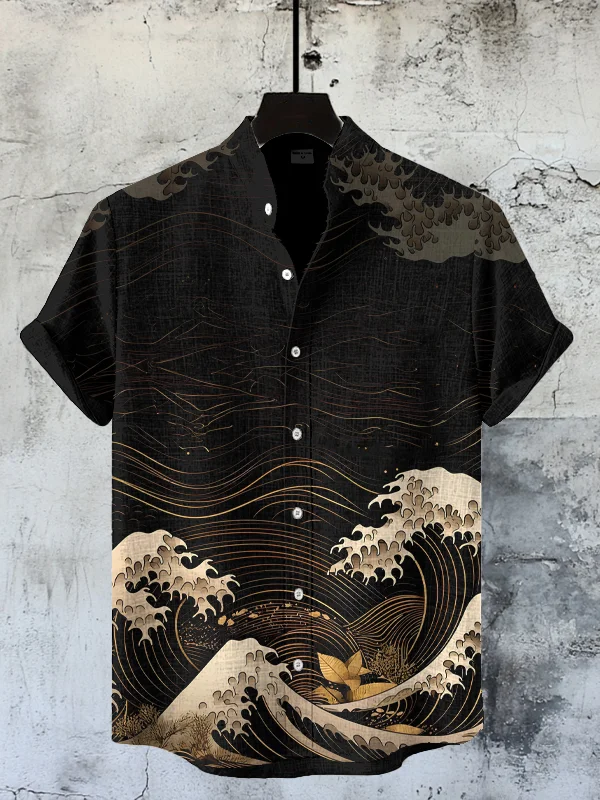 Men's Japanese Waves Ukiyo-e Art Print Casual Shirt