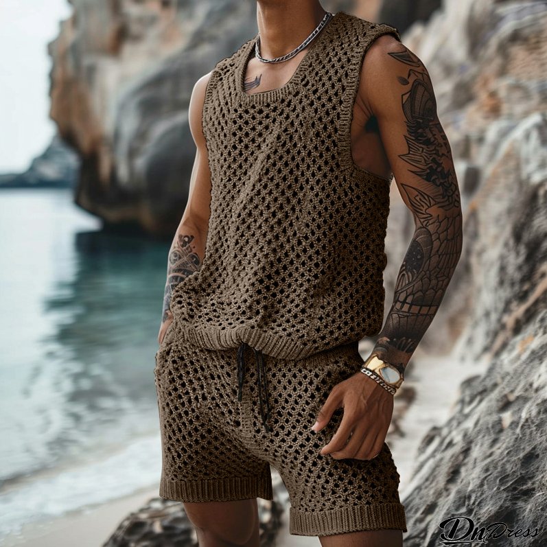 Summer Casual Sleeveless Men's Crochet Tank Top Shorts Two Piece Set