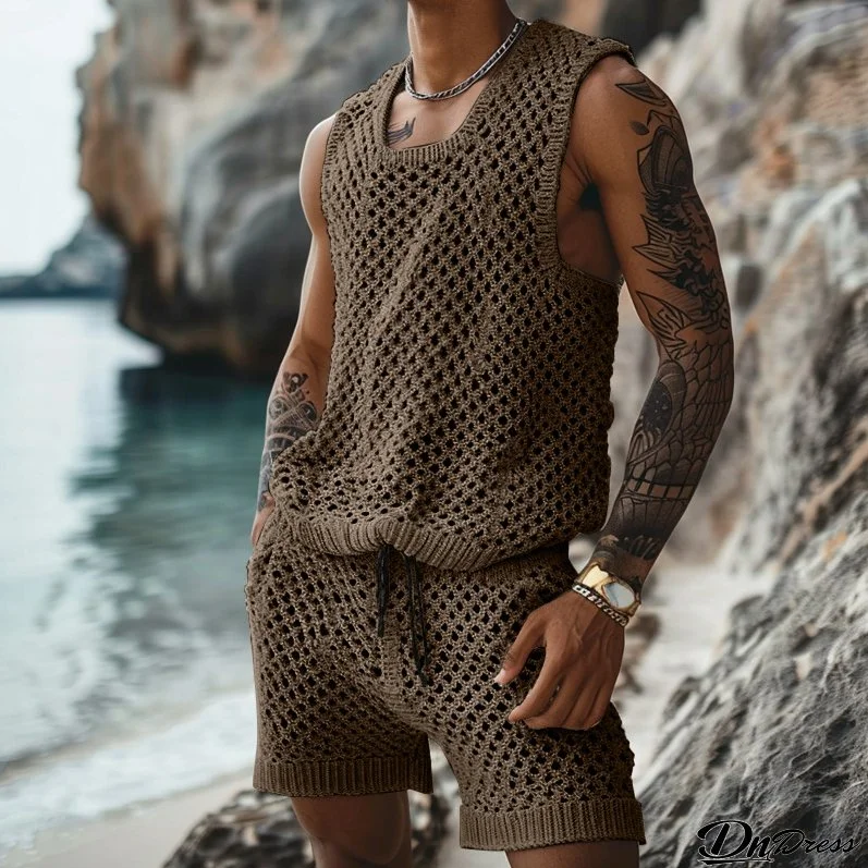 Summer Casual Sleeveless Men's Crochet Tank Top Shorts Two Piece Set