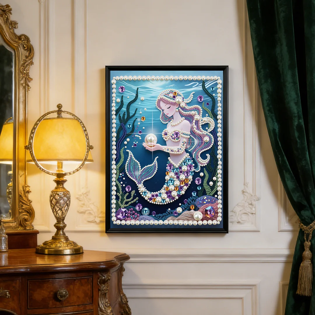Blue Mermaid DIY Partial Diamond Pearl Painting Art Kits 30x40cm Special Shape Pearl Gem Paintings Picture Arts Craft for Adults Beginners Home Wall Decor