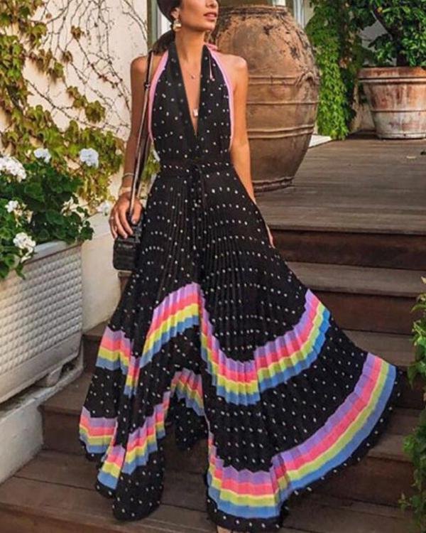 Simple Sleeveless Lace Halter Rainbow Print Pleated Dress - Chicaggo