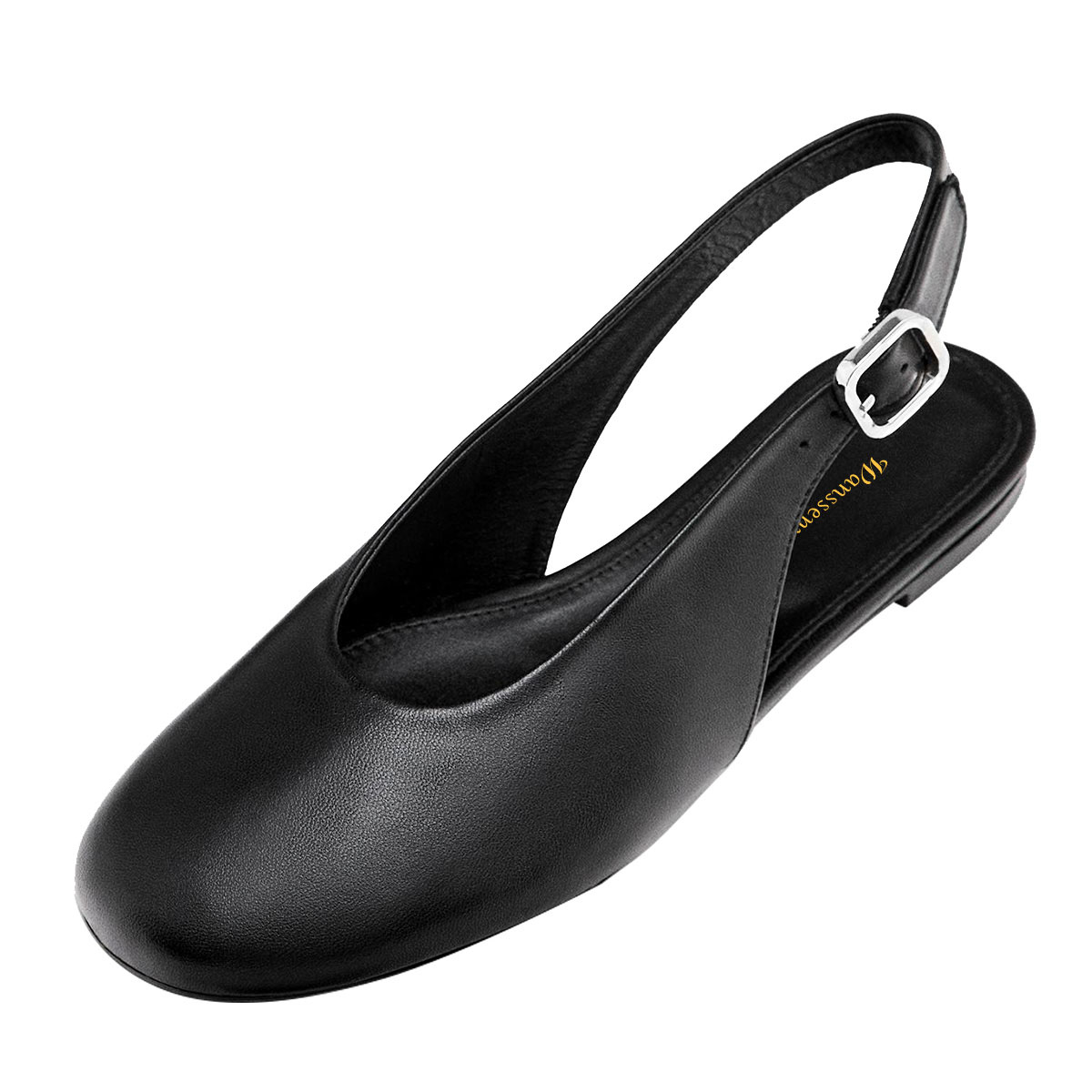 Black Vegan Leather Round Toe Buckle Slingback Flat Shoes for Women Nicepairs