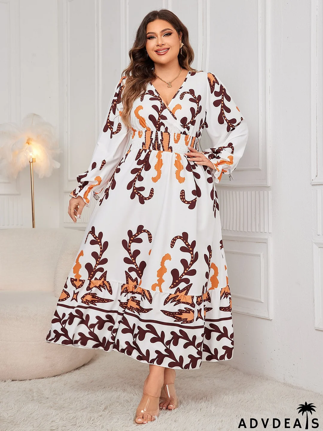 Plus Size Women Printed Long Sleeve V-neck Long Dress
